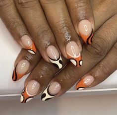 Tabitha Brown Nails, Fall Acrylic Nails Almond, Abstract Almond Nails, Stripe Nail Designs, Orange And Black Nail Designs, Abstract French Tip Nails, Girl Nail Designs, Nail Design Glitter, Black French Tips