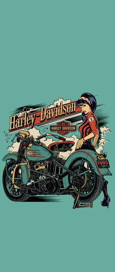 the harley davidson motorcycle is shown in this graphic art print, which features an image of a woman riding on it