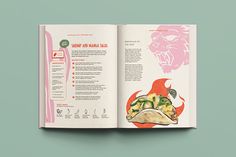 an open book with pictures of food on the pages and instructions to make tacos