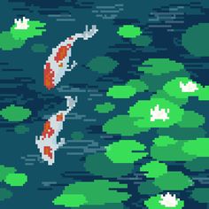 two koi fish swimming in the water with lily pads on the surface, pixel art style