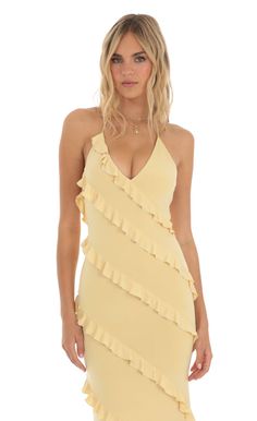 Ruffle Halter Maxi Dress in Yellow | LUCY IN THE SKY Halter Maxi Dress, Winter Formal, Loungewear Jumpsuit, Halter Strap, Halter Maxi, Halter Maxi Dresses, Casual Wedding, Short Rompers, Model Dress