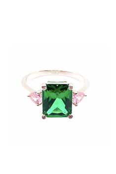 Emerald is a highly precious #gemstone. You will surely love this ring with the #stunning radiant cut center nano green emerald #stone. It is composed of a pair of clear AAA+ rated Cubic Zirconia side stones with four additional small stones on each side. Pink Sapphire Jewelry, Pink Jewelry Set, Green Beaded Necklace, Pink Sapphire Ring, Topaz Jewelry