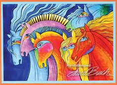 three horses are depicted in this colorful art print by artist david bouley, who is