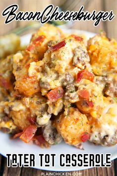 bacon cheeseburger tater tot casserole on a white plate with text overlay