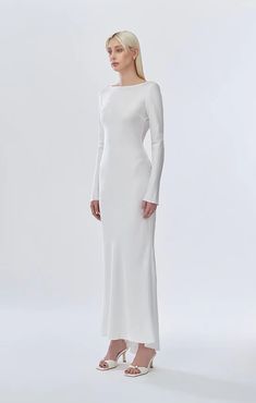 Classic Long Sleeve Dress – Stolen Stores Rehersal Dinner Dresses, White Dress Aesthetic, Stolen Stores, Plain White Dress, Long Sleeve Bridal Dresses, Wedding Dress Low Back, Simple White Dress, Boat Neck Dress, White Long Sleeve Dress