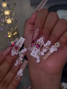 Nails Acrylic With Heart Gems, Blinged Out Valentine Nails, Birthday Nails Rhinestones Diamonds, Pink Bling Nails Rhinestones Girly, Long Nail Rhinestone Designs, Pink Boujee Nails, Latina Acrylic Nails Pink, Acrylic Nail Designs Long Square, Bougie Nails Acrylic