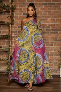 One Shoulder African Dress, Tie Dye Ankara Styles, Tie Dye African Outfits, Summer Ankara Fabric Maxi Dress, African Tie Dye Fabric, African Dresses For Women D&d Clothing, Chitenge Dresses, Multicolor Printed Ankara Fabric, Afrocentric Clothing