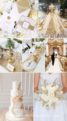 a collage of photos with gold and white wedding decorations