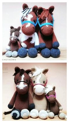 crocheted stuffed horses are sitting next to each other on the floor and one is wearing glasses