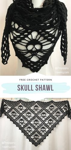 the crochet shawl is shown with text that reads free crochet pattern skull shawl