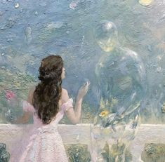 a painting of a girl looking at bubbles