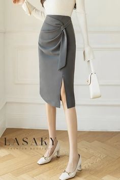 Lasaky - Premium Pleated Design High Waisted Split-Front Skirt Split Front Skirt, Dark Academia Clothing, Kawaii Dress, High Waisted Pencil Skirt, Split Skirt, Elegant Skirt, Mid Length Skirts, Skirt Skirt, Gray Skirt