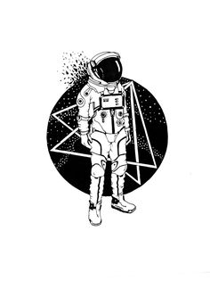 an astronaut standing in front of a black and white circle