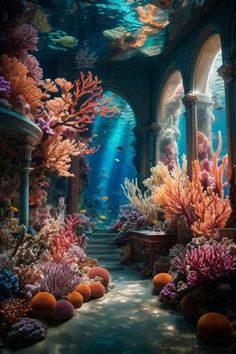 an underwater scene with corals and other marine life