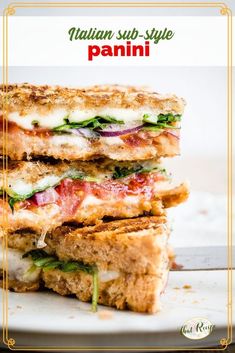 two sandwiches stacked on top of each other with the words italian sub - style panini