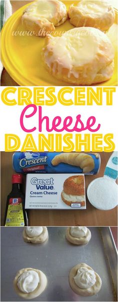 cheese danishes and other desserts on a baking sheet with the words crescent cheese danishes