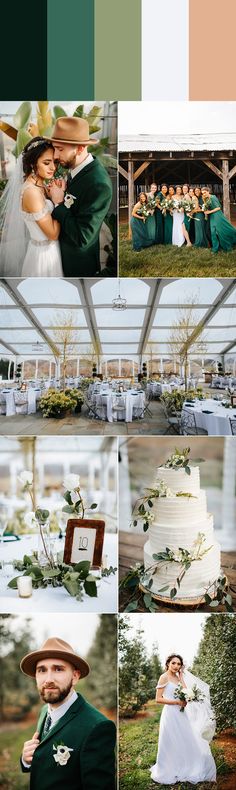 a collage of wedding photos with green and white colors, including the bride and groom