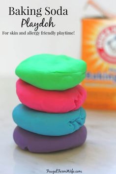 three colorful play doughs stacked on top of each other with the words baking soda playdou