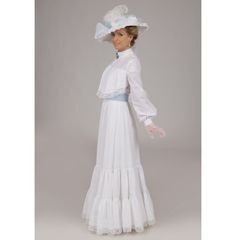 The luxurious and extravagant style of the Edwardian era can be found in this white batiste dress. This dazzling dress has a high lace covered collar that tops a white lace trimmed yoke. Long sleeves have lace cap, lace trim, and buttoned cuff. The graceful skirt has tiers trimmed in white lace. A matching cotton belt closes with buttons. Choose blue, pink or white below. The dress has a back button closure and elasticized waist. White batiste is 100% cotton. Proudly made in the US by Recollecti Elegant Victorian Dress With Lace Trim, Spring Formal Victorian Dress, Elegant Fitted Victorian Dress With Cancan, Elegant Summer Victorian Wedding Dress, White Victorian Dress For Spring, Elegant Victorian Dress In Vintage White, Elegant White Victorian Dress With Fitted Bodice, Elegant Spring Lace Victorian Dress, Elegant Victorian Dress For Summer