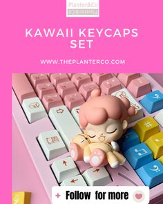 a pink keyboard with a small doll sitting on it's keys and the text below reads, follow for more kawaii keycaps set