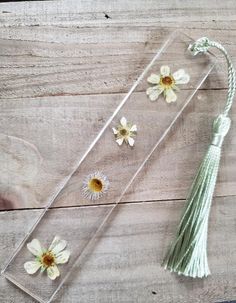 clear acrylic case with daisies and tassel on wooden background, top view