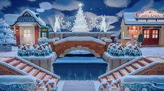 an animated christmas scene with snow and buildings