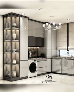 this is a modern kitchen with white cabinets and black appliances in the center, along with a washer and dryer