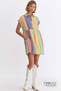 Nikki Multi-Color Stripes Shirt Mini Dress | Uniquely Claudia Boutique Shirt Mini Dress, Easy Dress, Cute Wedges, Wedges Sandals, Mini Shirt Dress, Sleeveless Mini Dress, Trim Detail, Color Stripes, Sun Kissed