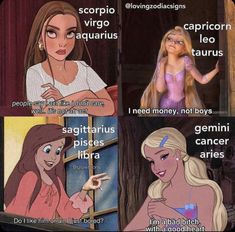 some disney princesses are talking to each other about their zodiac signs and how they describe them