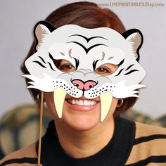 White Saber Tooth Tiger Mask Printable Halloween Costume - Etsy Tooth Costume, Tiger Halloween, Prehistoric Party, Sabertooth Tiger, Mask Printable, Book Character Day, Birthday Party Game, Tiger Mask, Party Masks