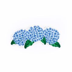 a sticker with blue flowers and green leaves on the bottom, against a white background