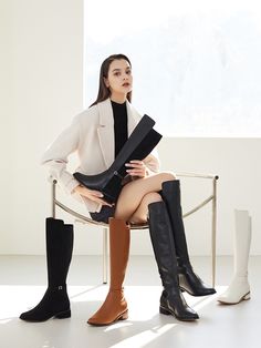 Editor's NotesJINNY KIM's shoes are timeless and classic.- Light-weighted long boots- Eye-catching gold buckle for the point- Trendy round toe design- Set on chunky platform heels- Feminine and minimal styleMeasurements(in.)- Size: KR 225MM (US 5.5) ~ KR 250MM (US 8)- Heel Height: 1.6in.*Fits true to size.Composition & Care- Black  Cream  Camel  Black Combi: Cowskin / Black Suede: Goatskin- Inner: Synthetic Leather / Outsole: Synthetic rubber- Avoid direct heat and moisture- Professional cleanin Trendy High Heels, Platform Heels Chunky, Chunky Platform, Synthetic Rubber, Long Boots, Design Set, Toe Designs, Men Shoes Size, High Heel Boots