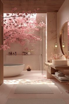 a bath room with a large tub and a tree in the corner on the wall