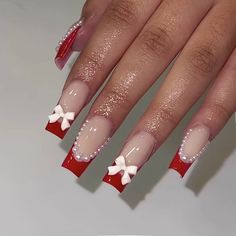 Red Nails With Pearls, Red Pearl Nails, Red Nails With Bow, Red Bow Nails, Gigi Nails, Ballerina Acrylic Nails, Red And White Nails, Wow Nails, Red Acrylic Nails