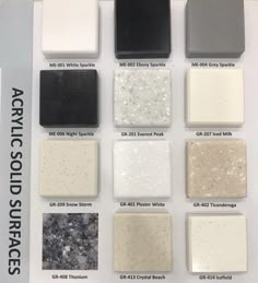 the different types of acrylic solid surfaces are shown in this chart, with each color