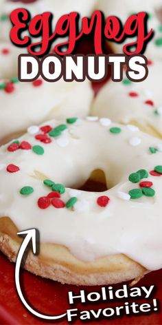 an eggnog donut with white frosting and sprinkles on it