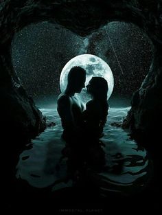 two people are kissing in the water under a moonlit sky and there is a full moon behind them