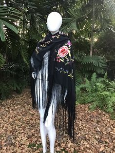 Vintage silk piano shawl in silk With fringes and embroidery  Rare Elegant Fringed Shawl Scarf, Elegant Fringe Shawl Scarf, Black Embroidered Silk Shawl, Black Bohemian Shawl With Embroidered Border, Bohemian Black Shawl With Embroidered Border, Traditional Silk Dupatta With Tassels, Silk Dupatta With Tassels In Traditional Style, Spring Shawl With Tassels, Black Silk Bohemian Shawl