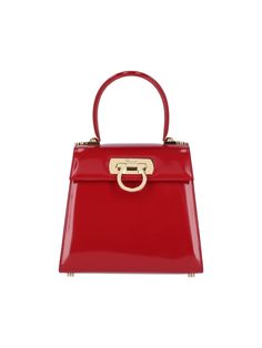 Ferragamo Iconic S handbag in red leather with top handle, removable shoulder strap, gold-plated metal iconic hook closure, and two separate interior compartments. Composition: 100% Leather Elegant Red Shoulder Bag With Round Handle, Luxury Red Shoulder Bag With Round Handle, Formal Satchel With Top Handle And Branded Hardware, Luxury Red Satchel For Evening, Formal Top Handle Satchel With Branded Hardware, High-end Red Satchel For Evening, High-end Red Evening Satchel, Timeless Red Top Handle Shoulder Bag, Red Satchel With Gold-tone Hardware