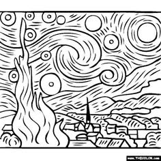 a black and white drawing of a tree with swirls in the sky above it