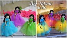 three different pictures of dolls in colorful dresses