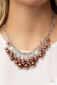 Oversized brown pearls dance from the bottoms of shiny silver ovals that delicately cluster along a chunky silver chain, resulting in a luxurious fringe below the collar. Features an adjustable clasp closure. Brown Pearls, Brown Necklace, Paparazzi Accessories, Paparazzi Jewelry, Short Necklace, Jewelry Cleaner, Shiny Silver, How To Feel Beautiful, Matching Earrings