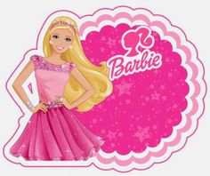 a barbie doll is standing in front of a pink background with the word barbie on it