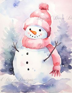 Pink Christmas Wonderland Snowman 2 (#H068)-Decoupage Paper Rice Craft, Winter Room, Pink Snowman, Picture Painting, Office Store, Christmas Artwork, Christmas Card Art, Family Christmas Cards, Watercolor Christmas Cards