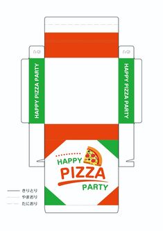 a pizza box with the words happy pizza party written on it and an image of a slice