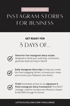 the instagramm stories for business flyer with text that reads get ready for 5 days of