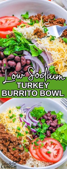 low carb turkey burrito bowl with lettuce, tomatoes and black beans