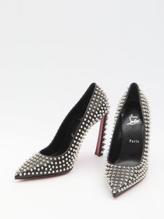 Christian Louboutin Black leather Condora Spikes pumps with metal spikes all over are designed with a pointed toe, slanted heel, and a signature red sole. Italy Size Product code: 3240278B439BLACK 4.00 in / 100 mm stiletto heel Composition: 100% leather Pointy toe Metallic spike stud trim Slip on Red bottoms Made in Italy Metal Spikes, Black Accessories, Red Sole, Red Bottoms, High End Fashion, Leather Pumps, Stiletto Heel, Pump Shoes, Fashion Item