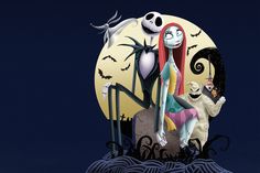 there is a halloween scene with jack and sally on the hill