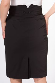 With subtle & tasteful details this is more than just your basic pencil skirt. DETAILSStyle: W2001172BLA Fabric: 45% Cotton, 47% Nylon, 8% Spandex Care: Dry clean Features: Zip with slip button closure, 2 faux front pockets, 2 faux back pockets, Back split, Chain detail at back PLEASE NOTE: These jeans run small. Please carefully review the measurements provided, to determine your perfect fit. MEASUREMENTS Size Waist Length 24 23" 22.5" 25 24" 23" 26 25" 23" 27 26" 23.5" 28 27" 24" 29 28" 24" 30 Formal High-waist Relaxed Pencil Skirt, Formal High Waist Relaxed Pencil Skirt, Formal High-waist Fitted Pencil Skirt, Fitted Solid Skirt With Pockets, Semi-formal Relaxed Pencil Skirt With Lining, Semi-formal Relaxed Pencil Skirt, Classic High-waisted Skirt For Business Casual, Classic High Waist Skirt For Business Casual, Elegant Office Skirt With Pockets